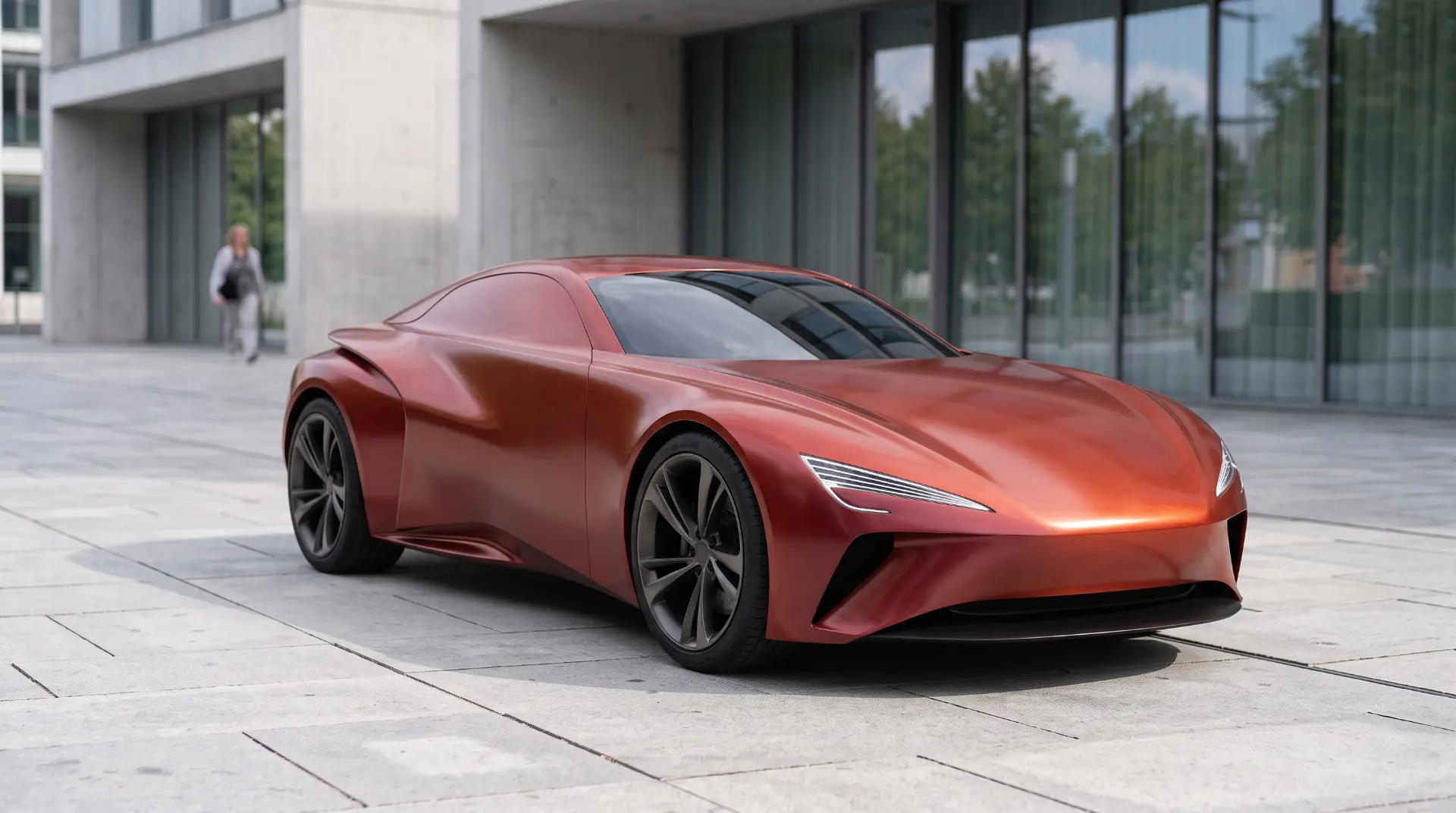 Complete copper-red concept car in an architectural setting