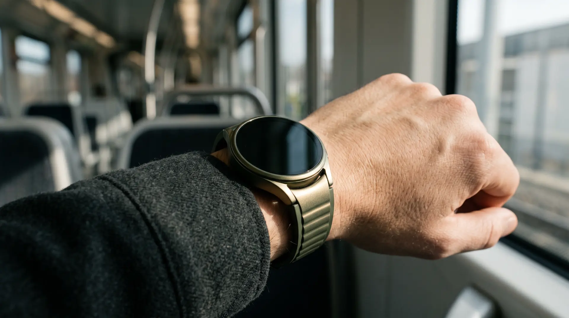 Industrial concept: olive-gold effect-finished watch on a wrist