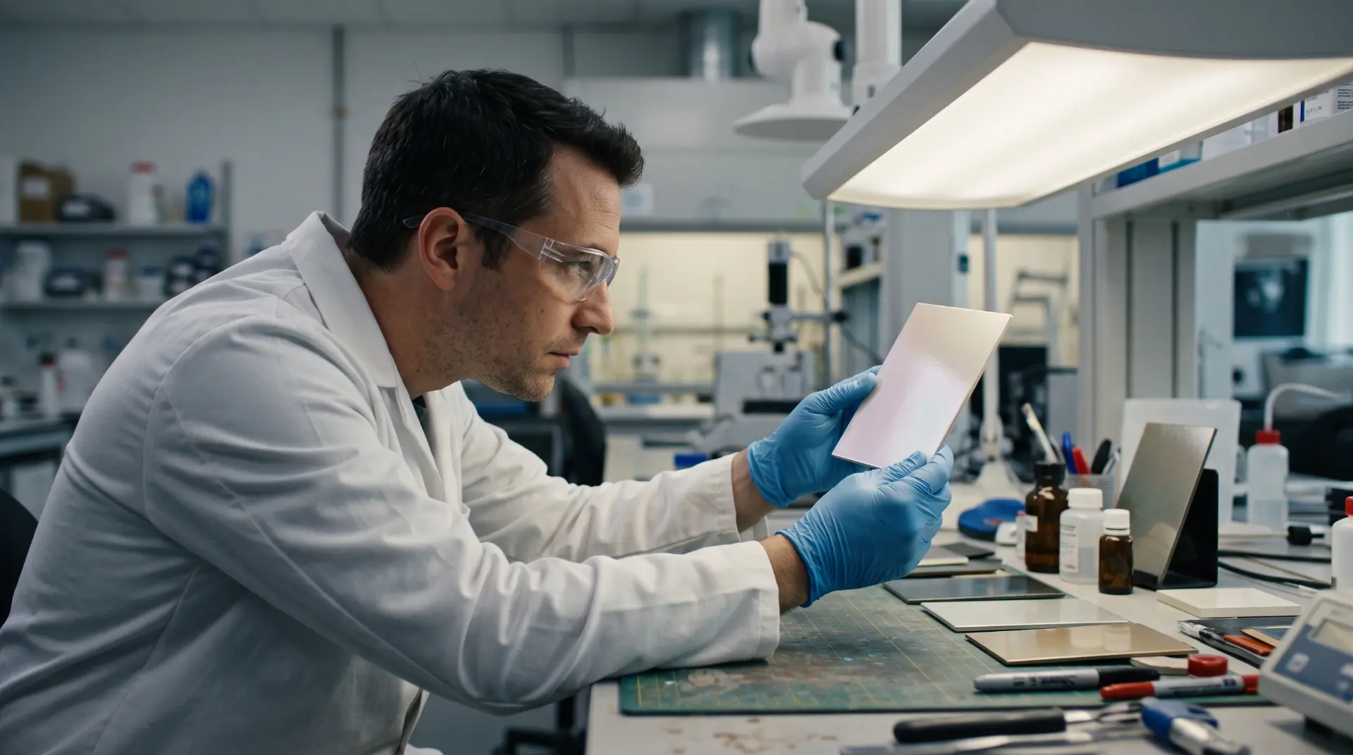Laboratory concept: technician inspecting a pearlescent sample panel